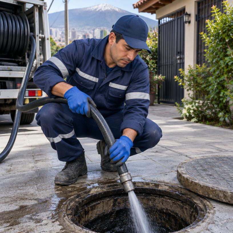 Técnico realizando un destape de alcantarillado